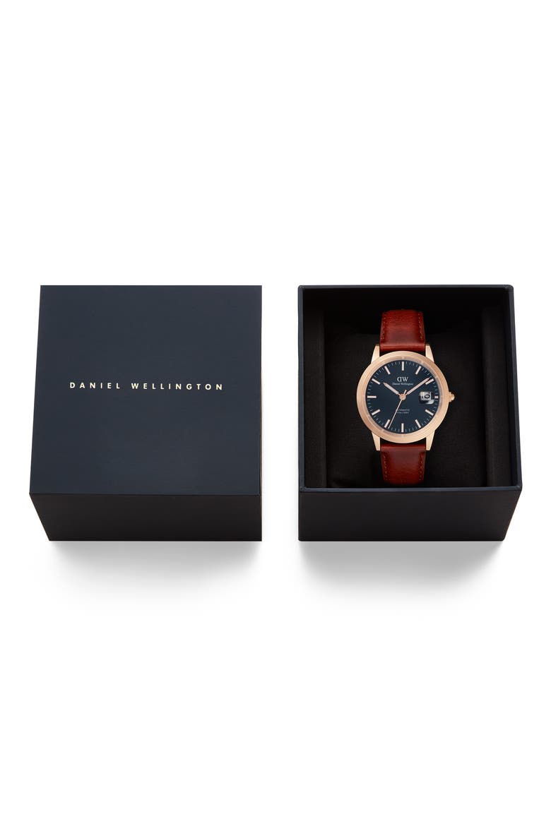 Iconic Automatic Leather Strap Watch, 40mm, Alternate, color, BROWN/ ROSE GOLD