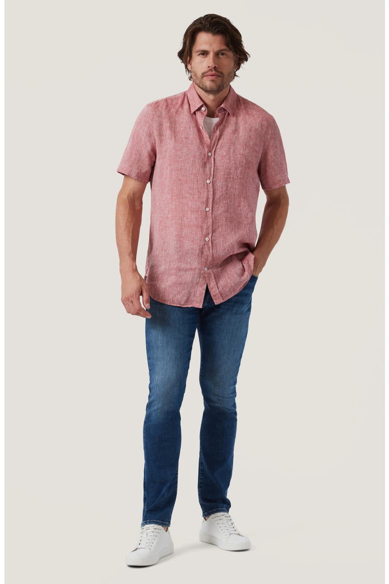 Short Sleeve Linen Button-Up Shirt, Alternate, color, RED