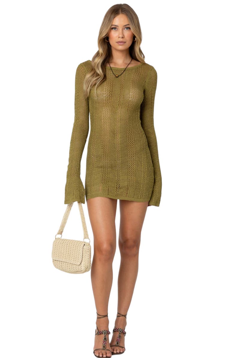 EDIKTED Back Cutout Long Sleeve Crochet Cover-Up Minidress, Alternate, color, 