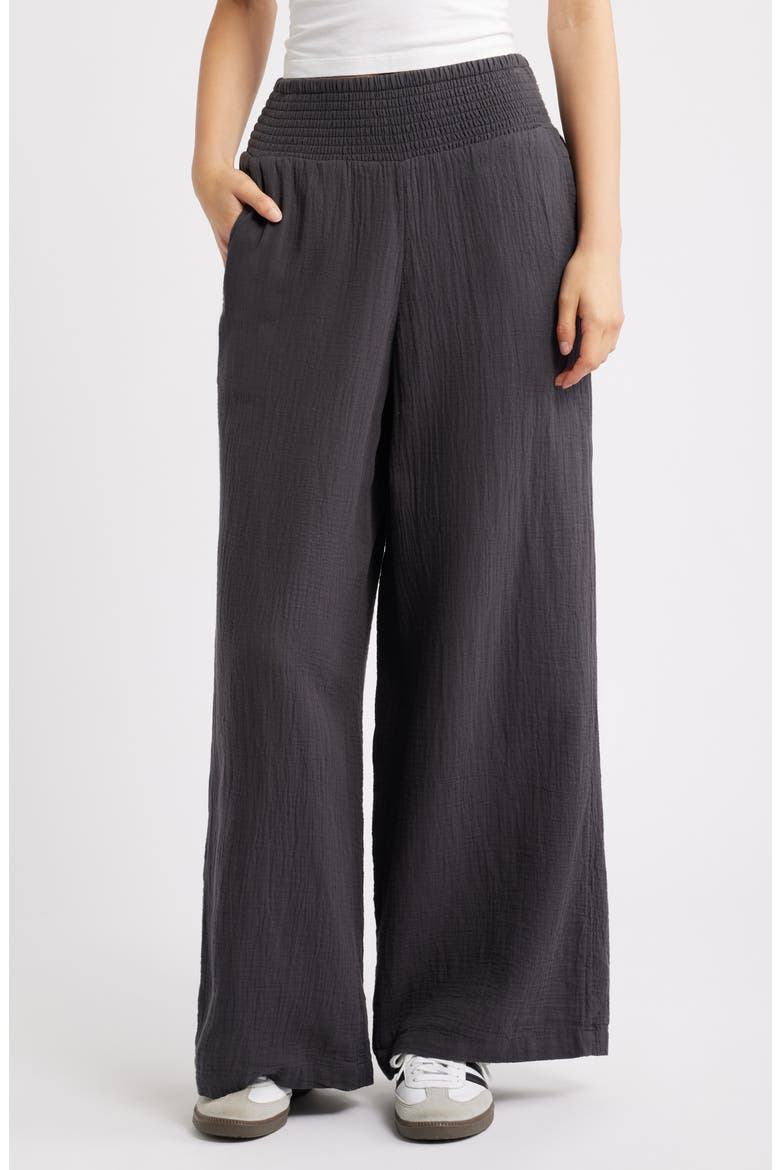 New Waves Smock Waist Cotton Gauze Pants, Main, color, BLACK SANDS