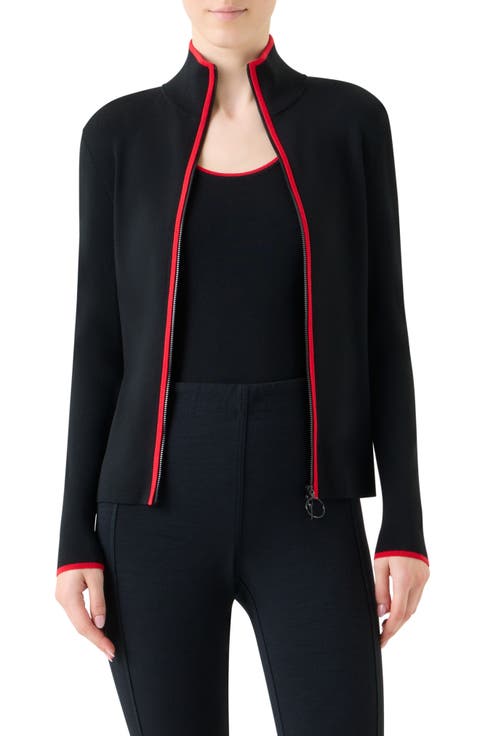 Contrast Trim Stretch Merino Wool Zip Front Cardigan