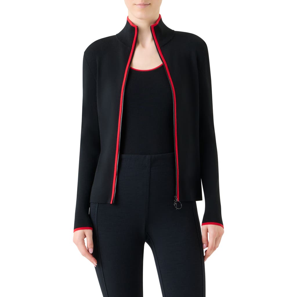 Akris Punto Contrast Trim Stretch Merino Wool Zip Front Cardigan In Black