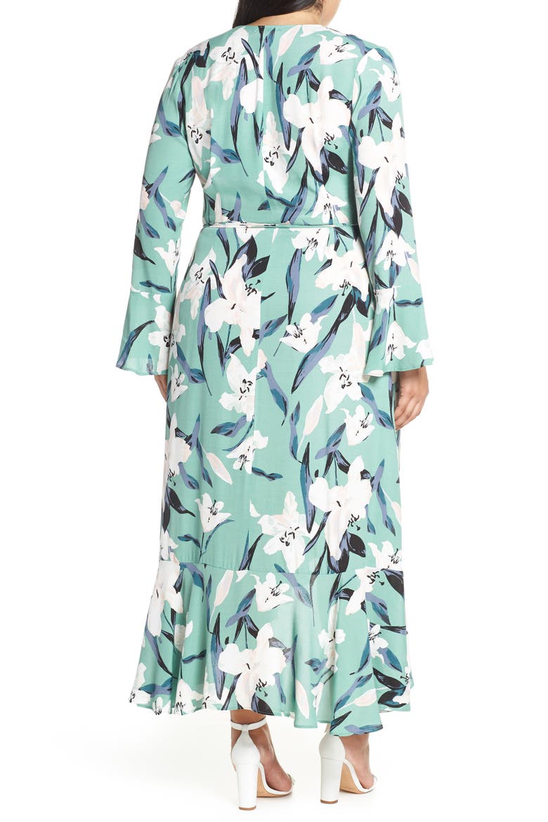 Bell Sleeve Wrap Midi Dress, Alternate, color, GREEN WING ROMANTIC FLR