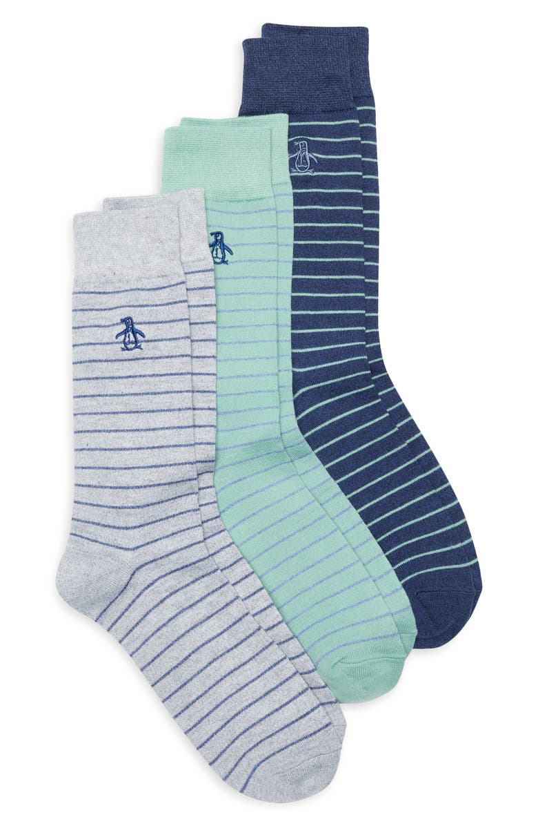 Original Penguin Cecil Stripe 3-Pack Crew Socks, Main, color, Dark Navy