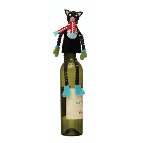 Fabric & Wool Felt Cat in Scarf Bottle Topper with Embroidery & Applique, Multicolor