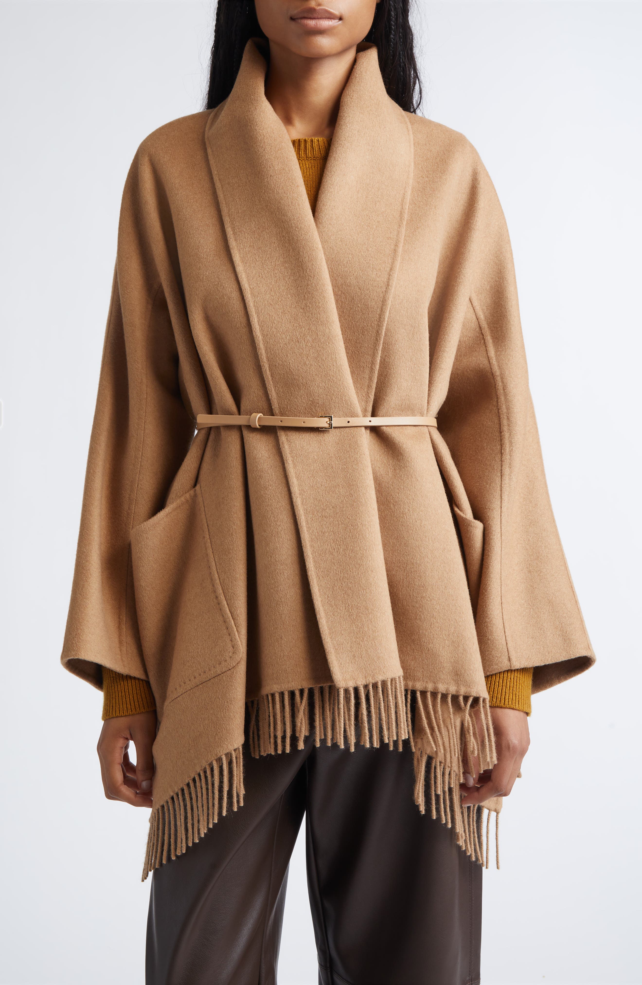Max Mara Abilita Fringed Camel Hair Belted Cape Jacket In Brown