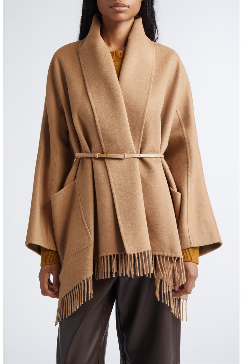 Abilita Fringed Camel Hair Belted Cape Jacket, Main, color, CAMEL