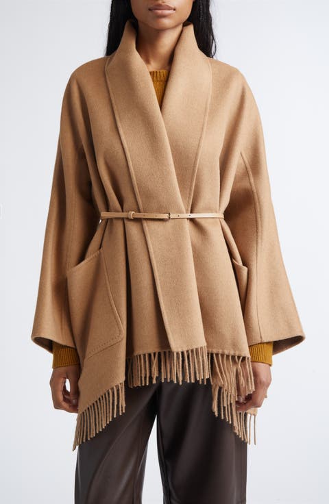 Abilita Fringed Camel Hair Belted Cape Jacket
