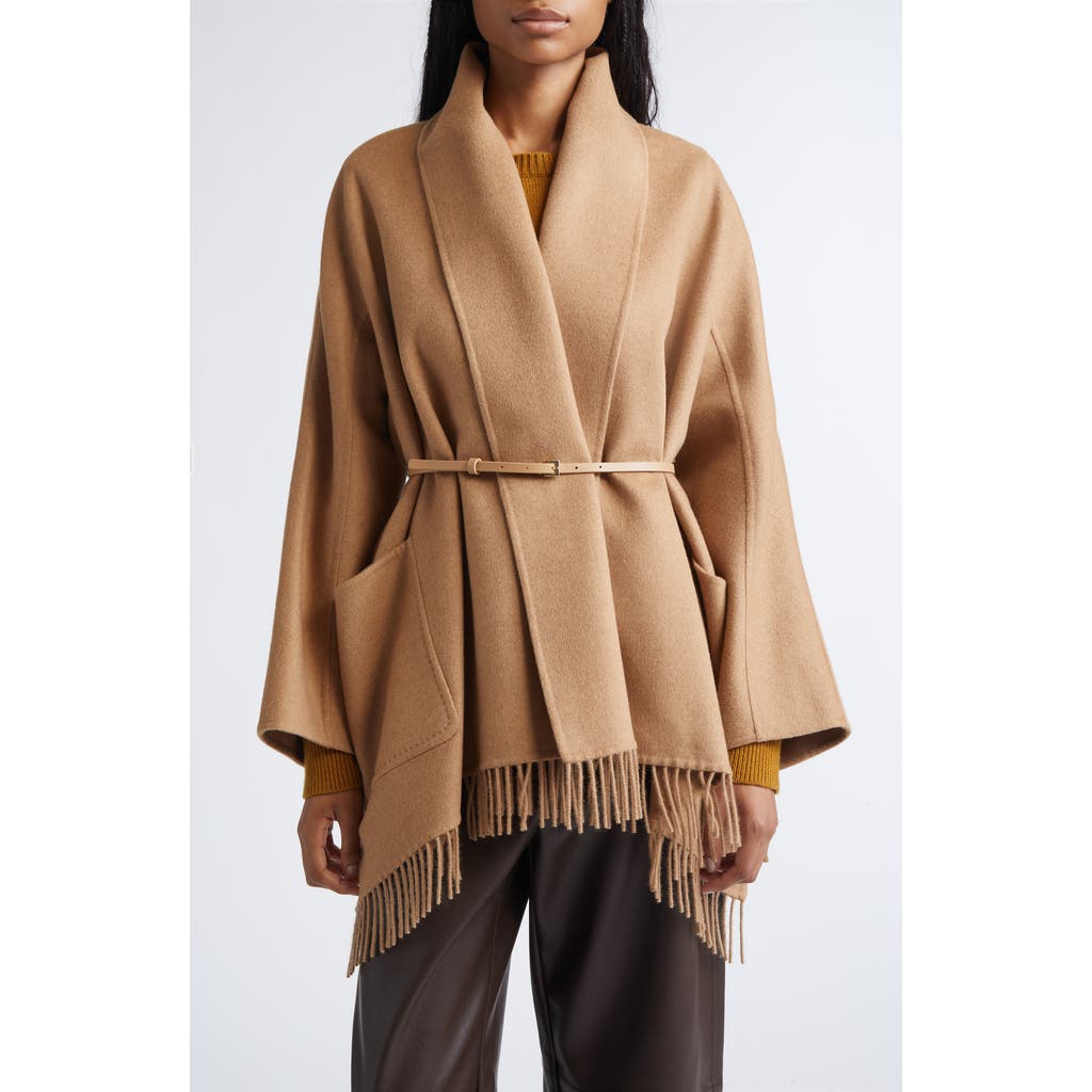 Max Mara Abilita Fringed Camel Hair Belted Cape Jacket In Brown