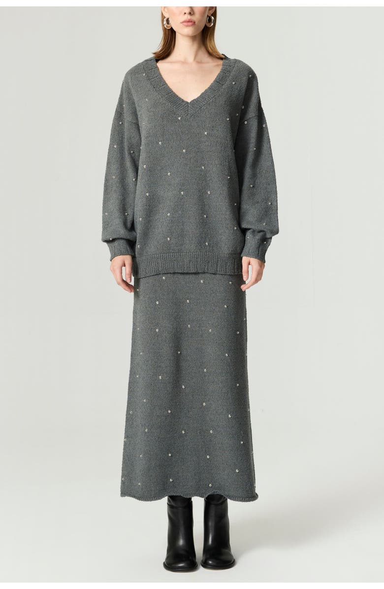 Nocturne Embellished V-Neck Knit Sweater, Alternate, color, Anthracite