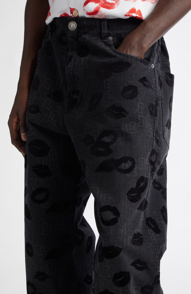 Balmain Monogram Flocked Lips Jeans, Alternate, color,