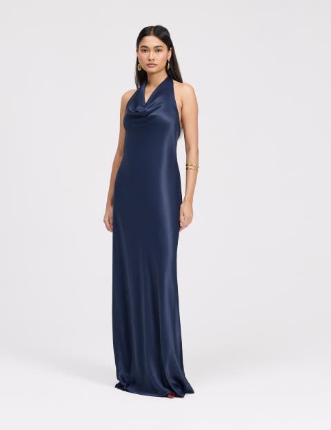Elara Cowl Front Satin Maxi Dress