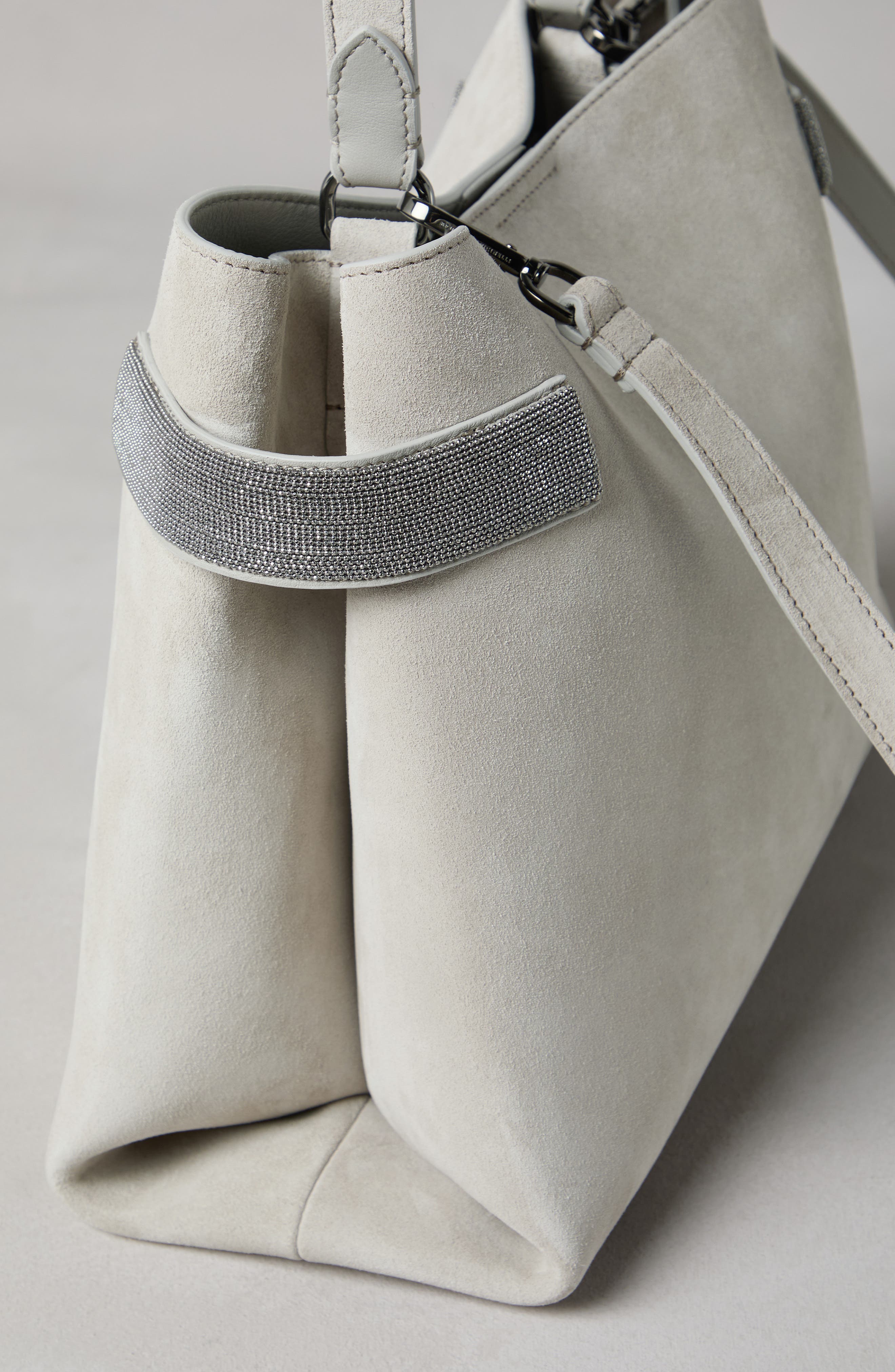 Brunello Cucinelli Essence top-handle bag in suede with precious bands, Alternate, color, 