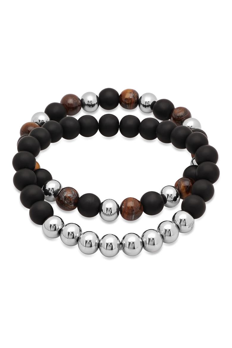 Men's Set of 2 Stretch Beaded Bracelet, Main, color, SILVER/BROWN/BLACK