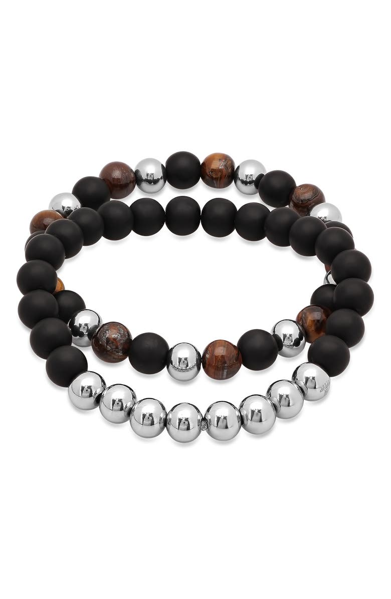 HMY JEWELRY Men's Set of 2 Stretch Beaded Bracelet, Main, color, Silver/ Brown/ Black