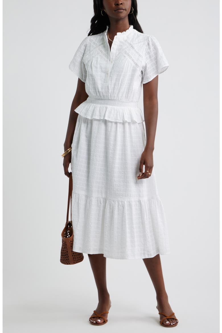 Lace Trim Peplum Midi Dress, Alternate, color, WHITE