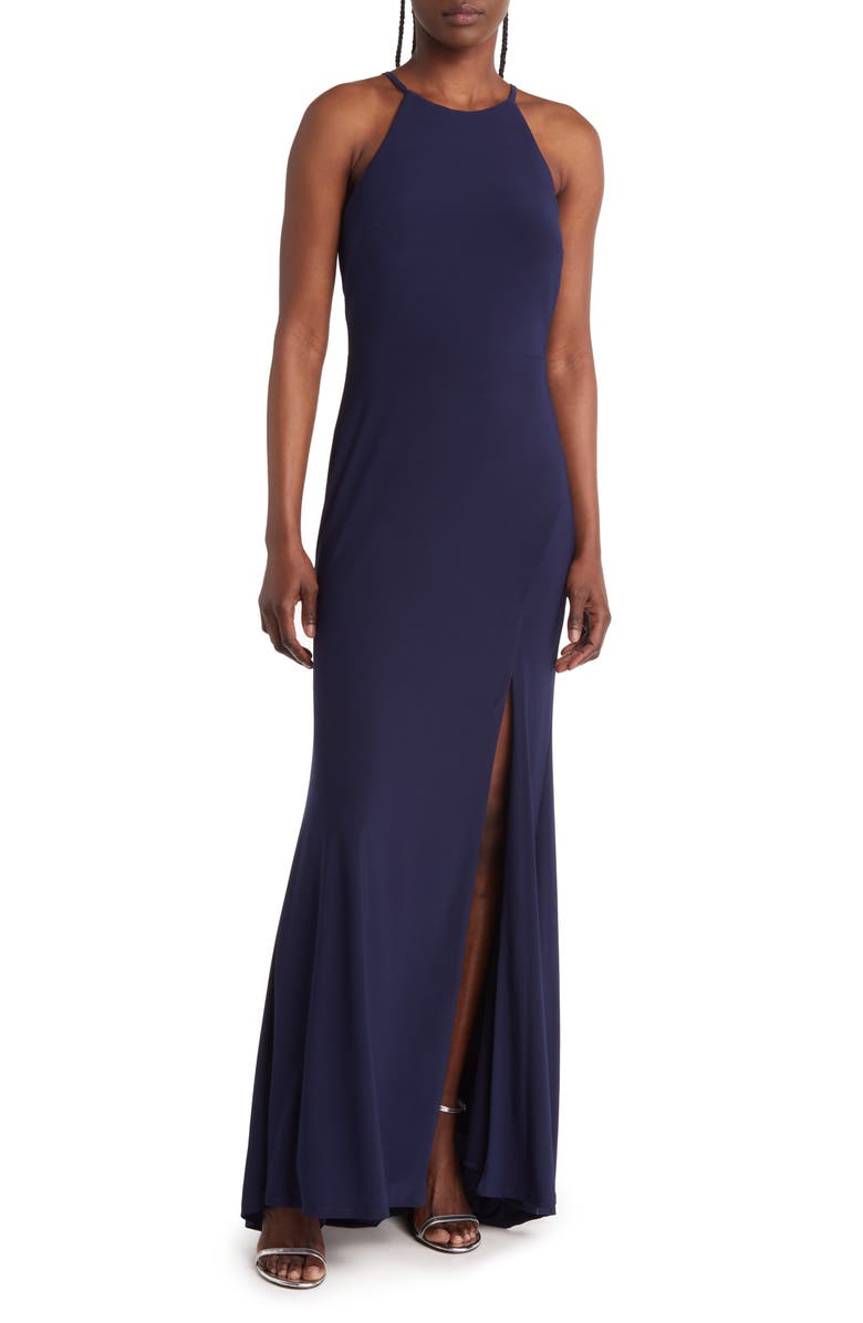 Jump Apparel Halter Neck Gown, Main, color, Navy