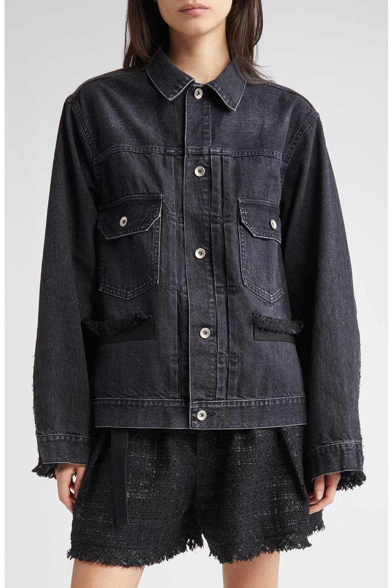 Mixed Media Denim & Tweed Trucker Jacket, Main, color, BLACK/ BLACK 002