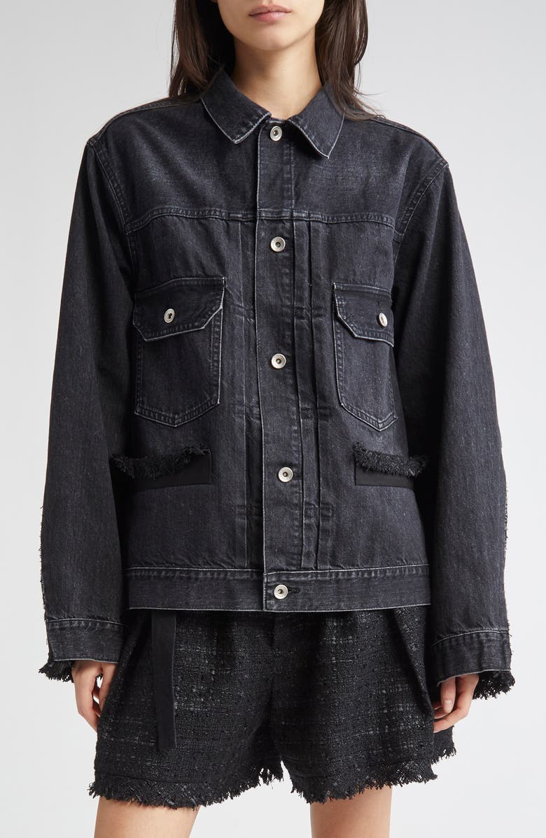 Sacai Mixed Media Denim & Tweed Trucker Jacket, Main, color, Black/ Black 002