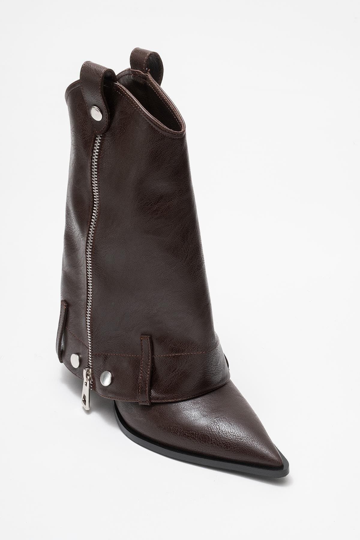 Lola Zip Pointed Toe Heel Boot, Main, color, Brown Faux Leather