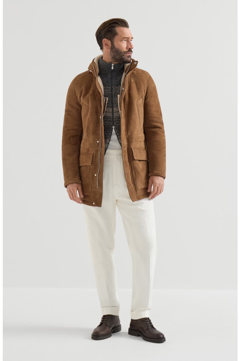 Suede curly shearling parka, Alternate, color, Brown