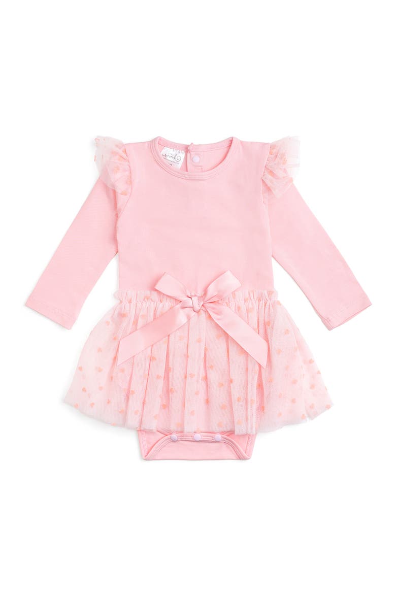 Flocked Heart Tiered Long Sleeve Tutu Bodysuit, Main, color, Pink