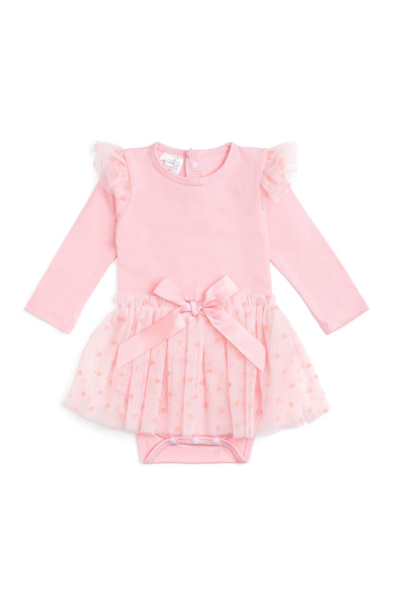 Sweet Wink Flocked Heart Valentine
s Day Tiered Long Sleeve Tutu Bodysuit, Main, color, Pink