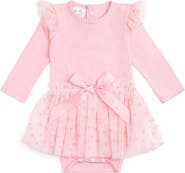 Sweet Wink Flocked Heart Tiered Long Sleeve Tutu Bodysuit