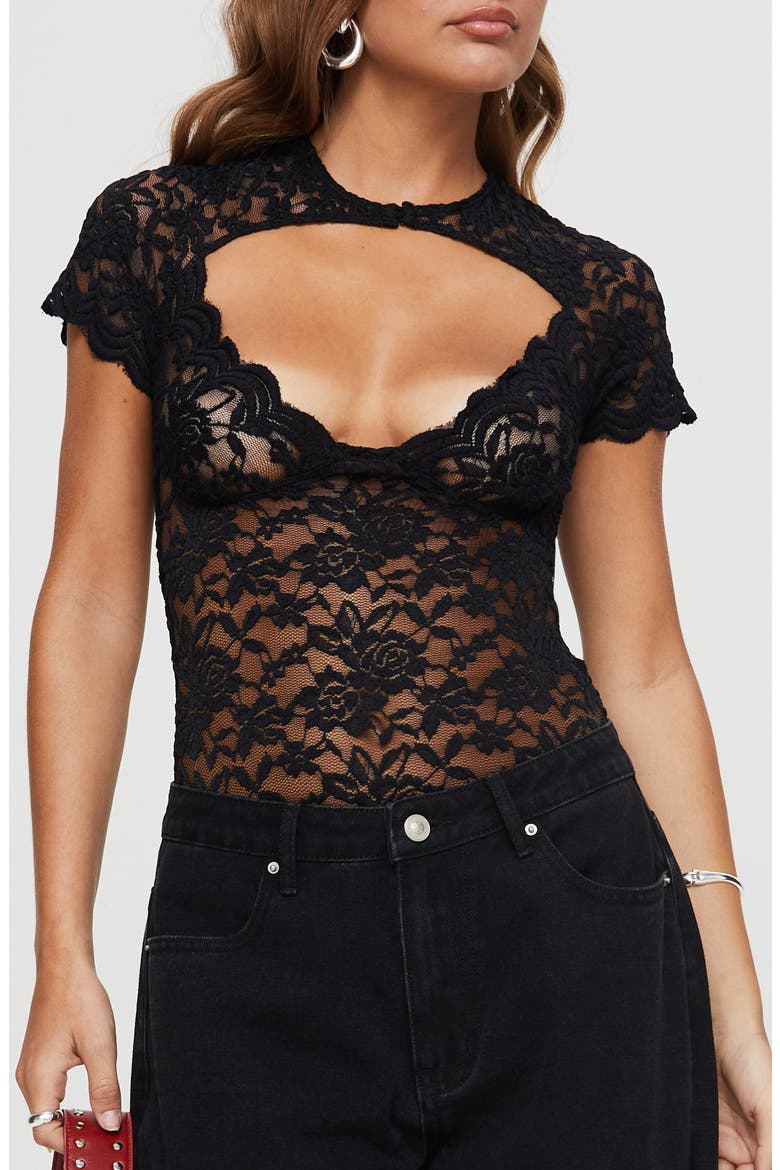 Giallo Cutout Lace Bodysuit, Main, color, BLACK