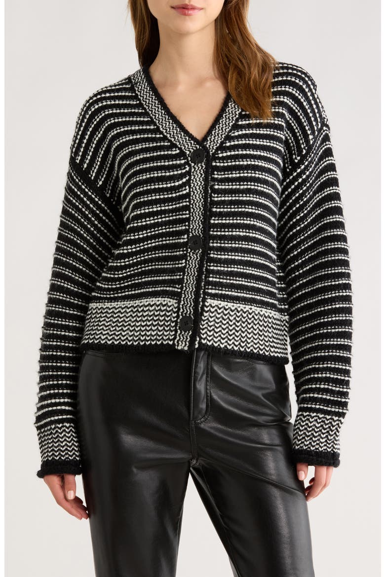 Chunky Stripe V-Neck Cardigan, Main, color, BLACK WHITE