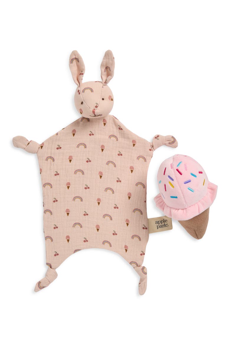 Organic Cotton Muslin Bunny Blanket & Ice Cream Rattle Set, Main, color, RAINBOWS & ICE CREAM