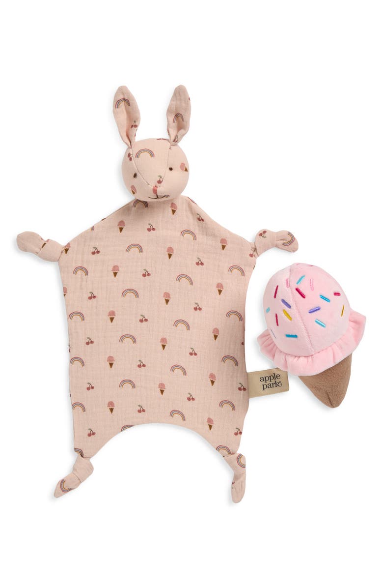 APPLE PARK Organic Cotton Muslin Bunny Blanket & Ice Cream Rattle Set, Main, color, Rainbows & Ice Cream