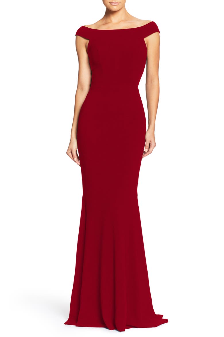 Jackie Off the Shoulder Crepe Trumpet Gown, Main, color, GARNET
