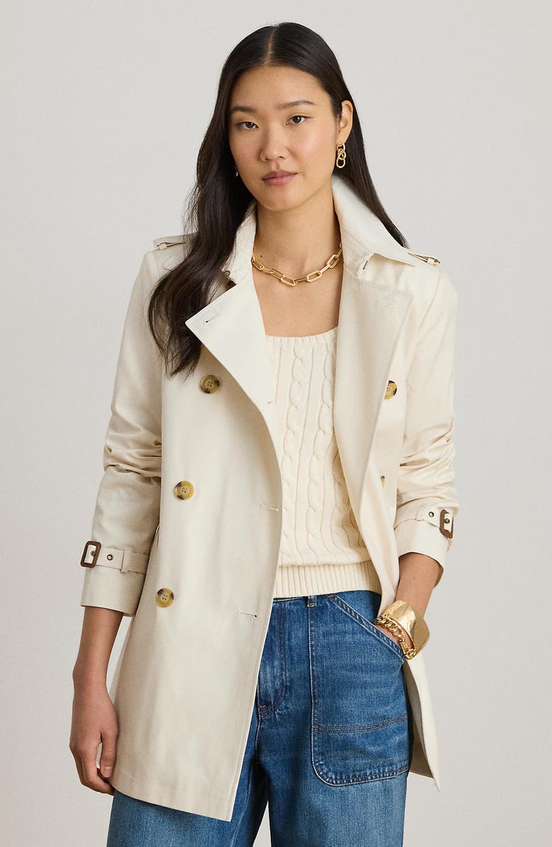 Lauren Ralph Lauren Short Double Breasted Trench Coat, Alternate, color, Mascarpone Cream