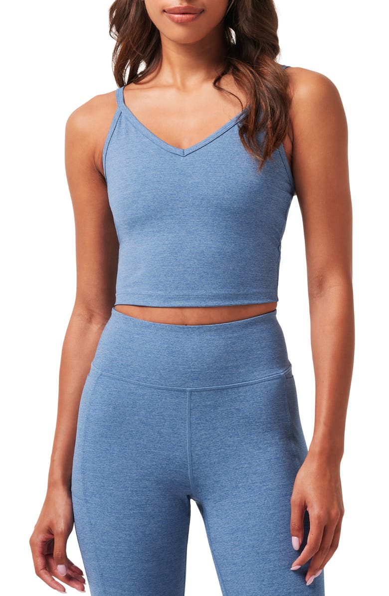 TravisMathew Morning Interval Crop V-Neck Tank, Main, color, Heather Copen Blue