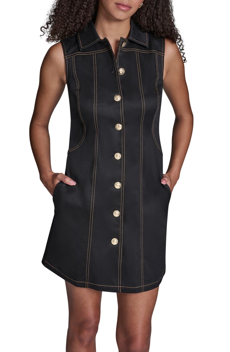 BCBG Button Front Denim Mini Shirtdress, Alternate, color, Black