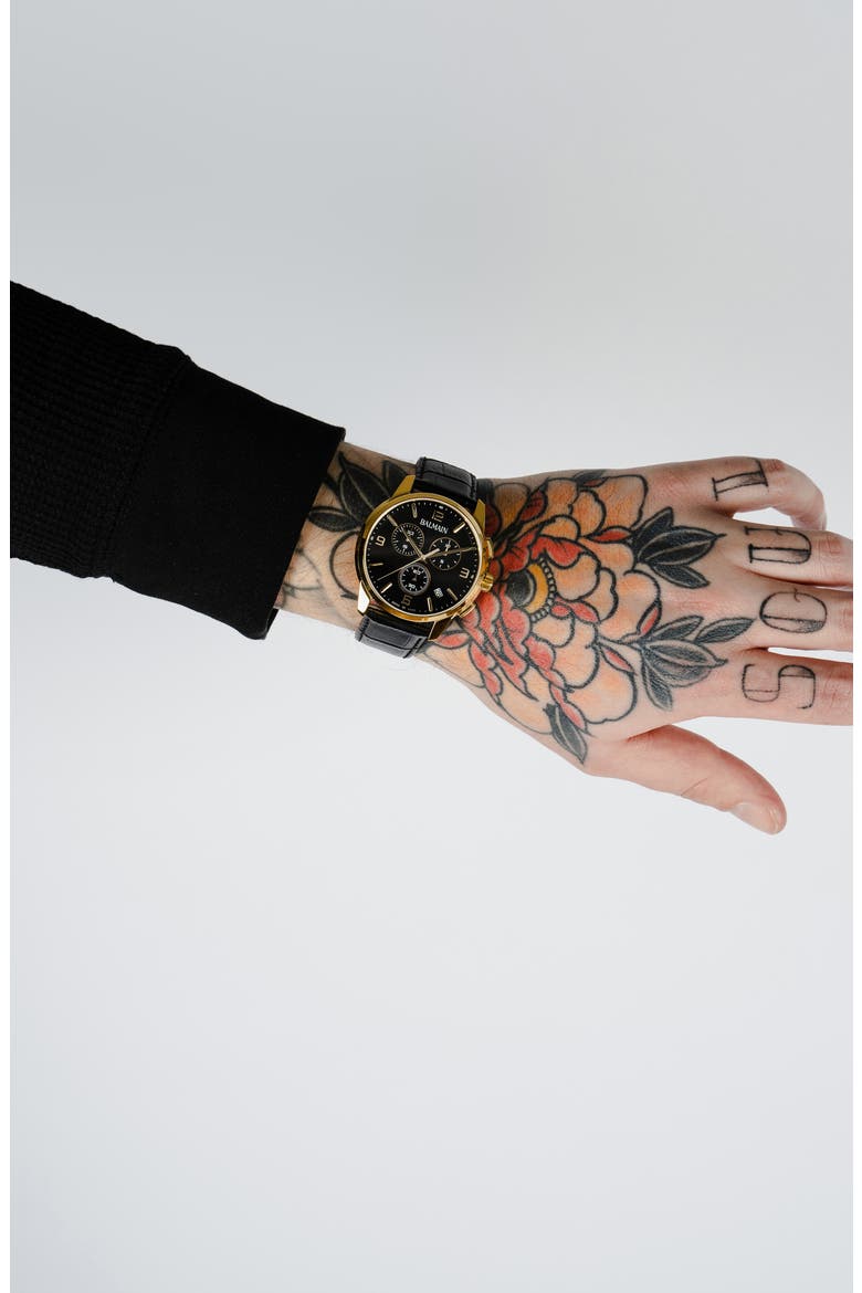 Madrigal Chronograph Leather Strap Watch, 42mm, Alternate, color, BLACK