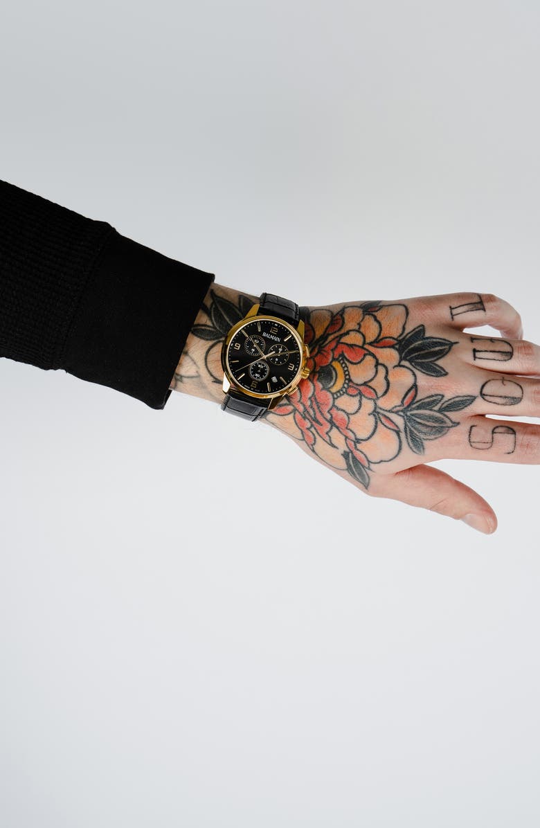 BALMAIN WATCHES Madrigal Chronograph Leather Strap Watch, 42mm, Alternate, color, Black