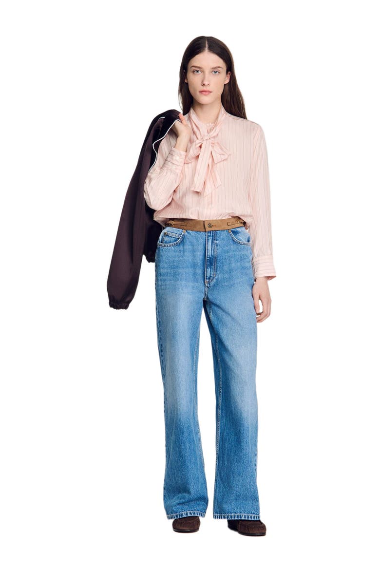 Striped tie-neck shirt, Alternate, color, Light pink
