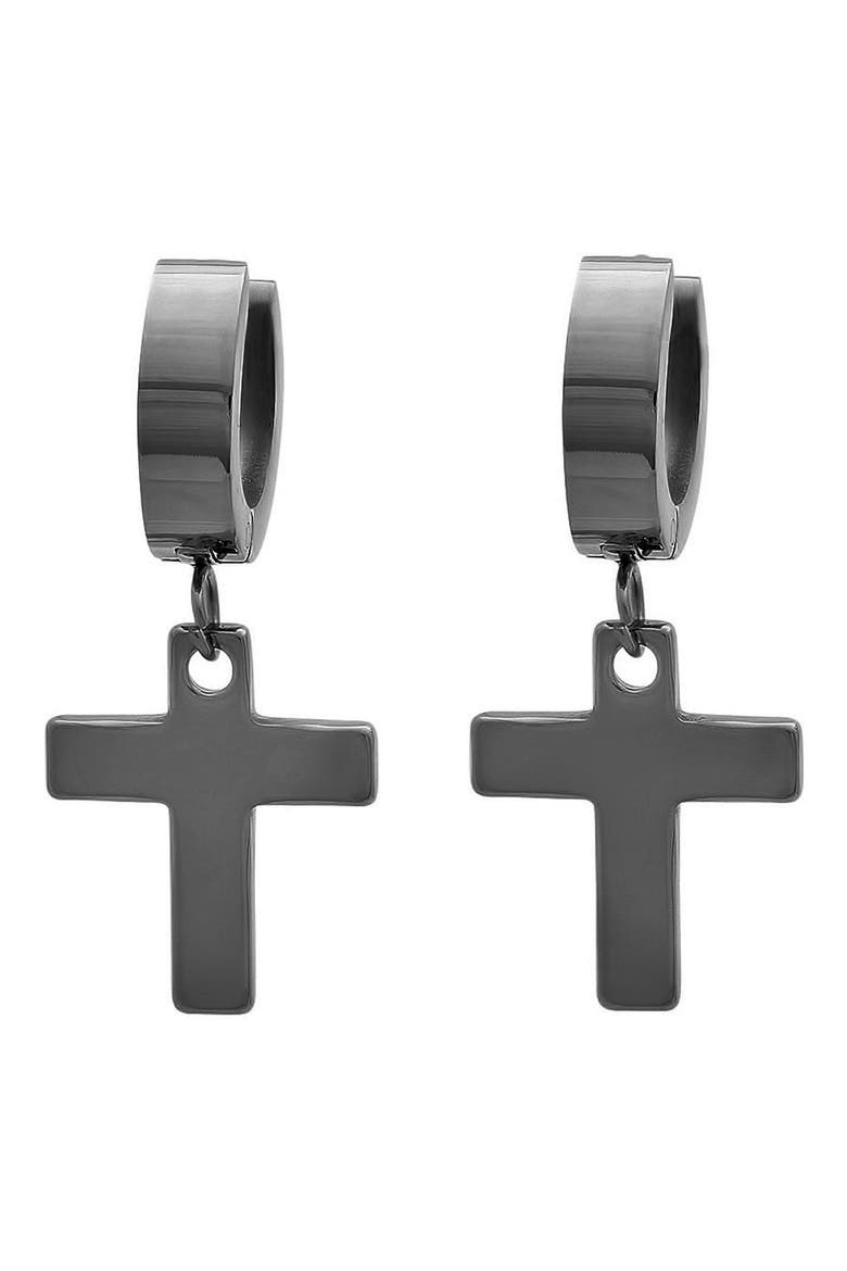 Cross Charm Huggie Hoop Earrings, Main, color, BLACK
