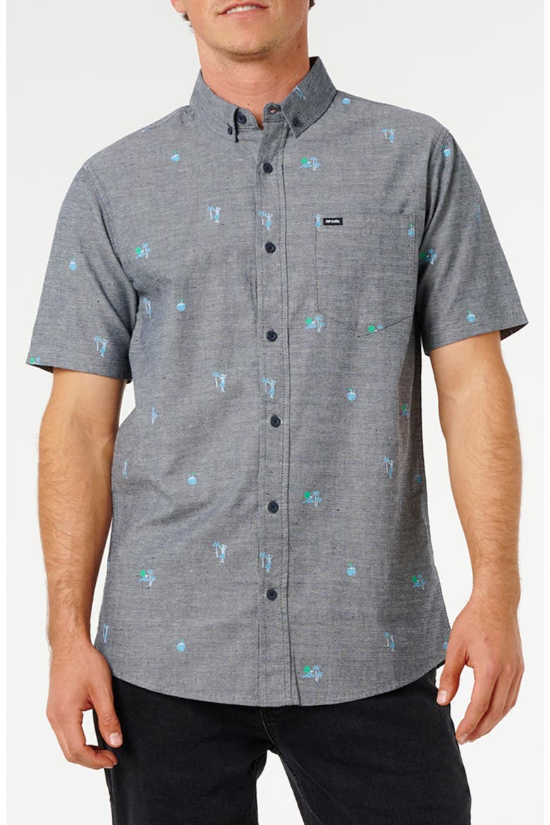 Skelly Breach Tropical Print Short Sleeve Cotton Chambray Button-Down Shirt, Main, color, DARK NAVY