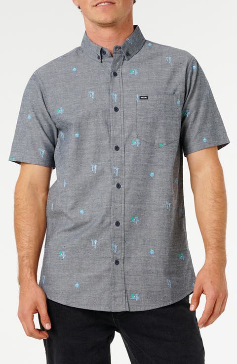 Skelly Breach Tropical Print Short Sleeve Cotton Chambray Button-Down Shirt
