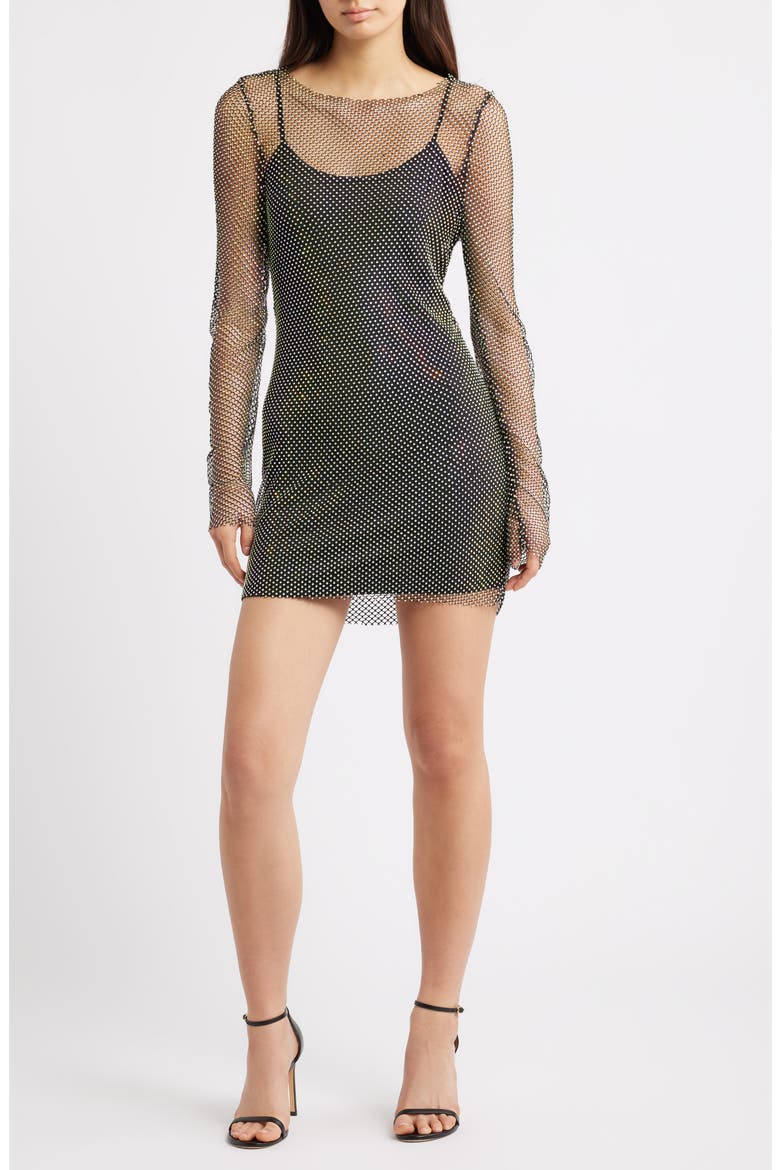 Sheer Beaded Long Sleeve Minidress, Main, color, BLACK