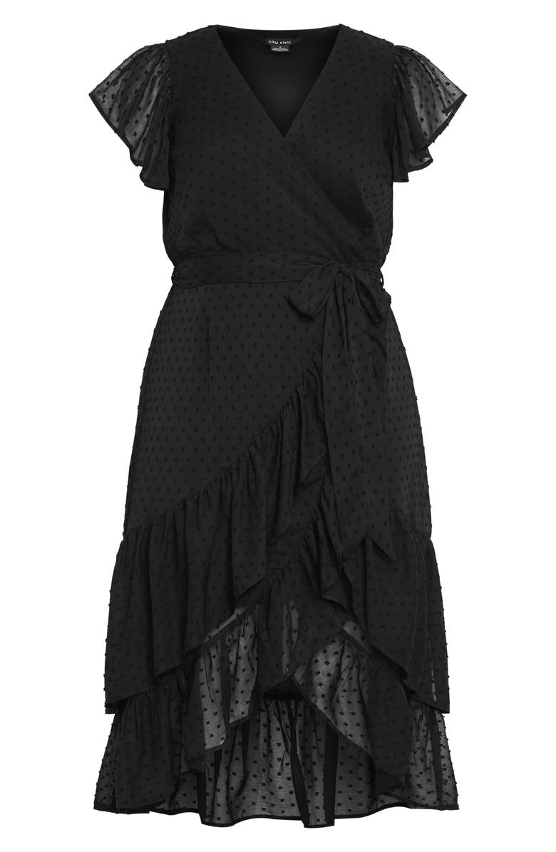 City Chic Clip Dot Wrap Front Dress, Alternate, color, Black