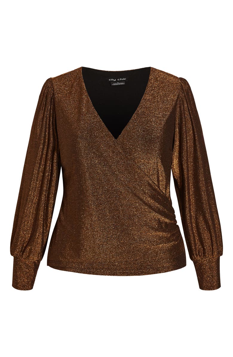 City Chic Glowing Shimmer Faux Wrap Top, Alternate, color, Bronze