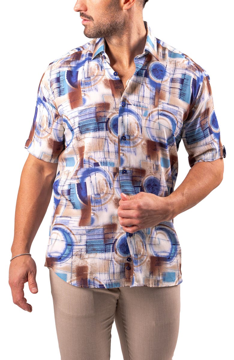 Maceoo Galileo Resistance Abstract Print Short Sleeve Button-Up Shirt, Alternate, color, Brown