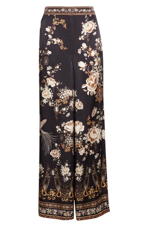 Flamenco Folklore Print Relaxed Silk Straight Leg Pants