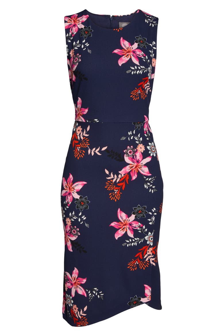 Asymmetrical Hem Scuba Crepe Sheath Dress, Alternate, color, NAVY/ MULTI