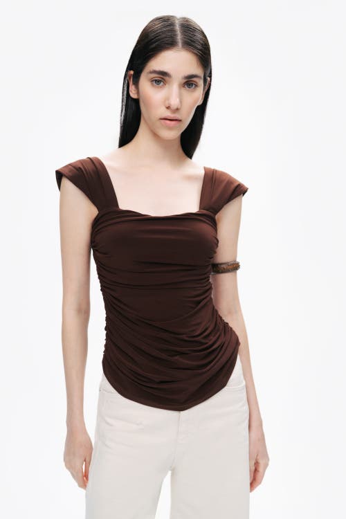 Nocturne Thick Strap Draped Detail Blouse In Dark Brown