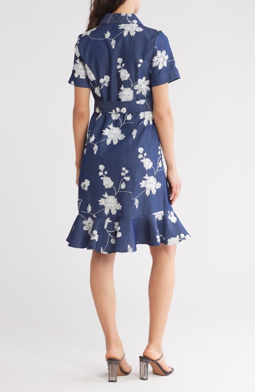 By Design Romina Floral Embroidered Short Sleeve Shirtdress In Dark Chambray/gardenia